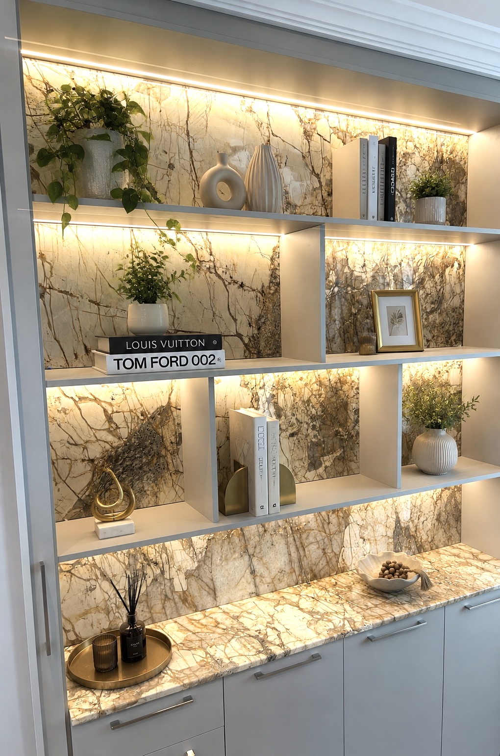 Estante iluminada em quartzito